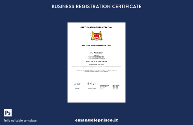 Certificato di registrazione aziendale di Singapore in stile verificato Modello 